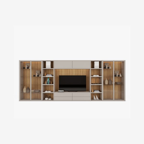 libreria a medida roble con vitrina cristal